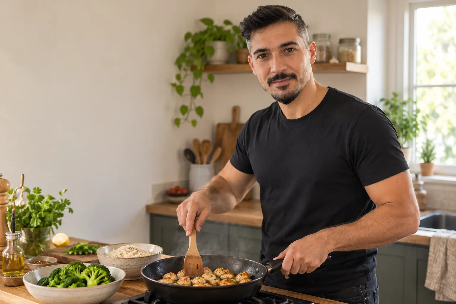Escena creada con IA de A.Leo preparando una comida en una cocina de casa